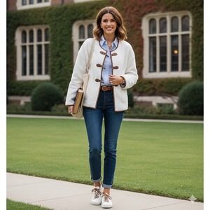 Fleece Jacket Womens Large Toggle‎ Clasp Sherpa Teddy Preppy Cozy Equestrian